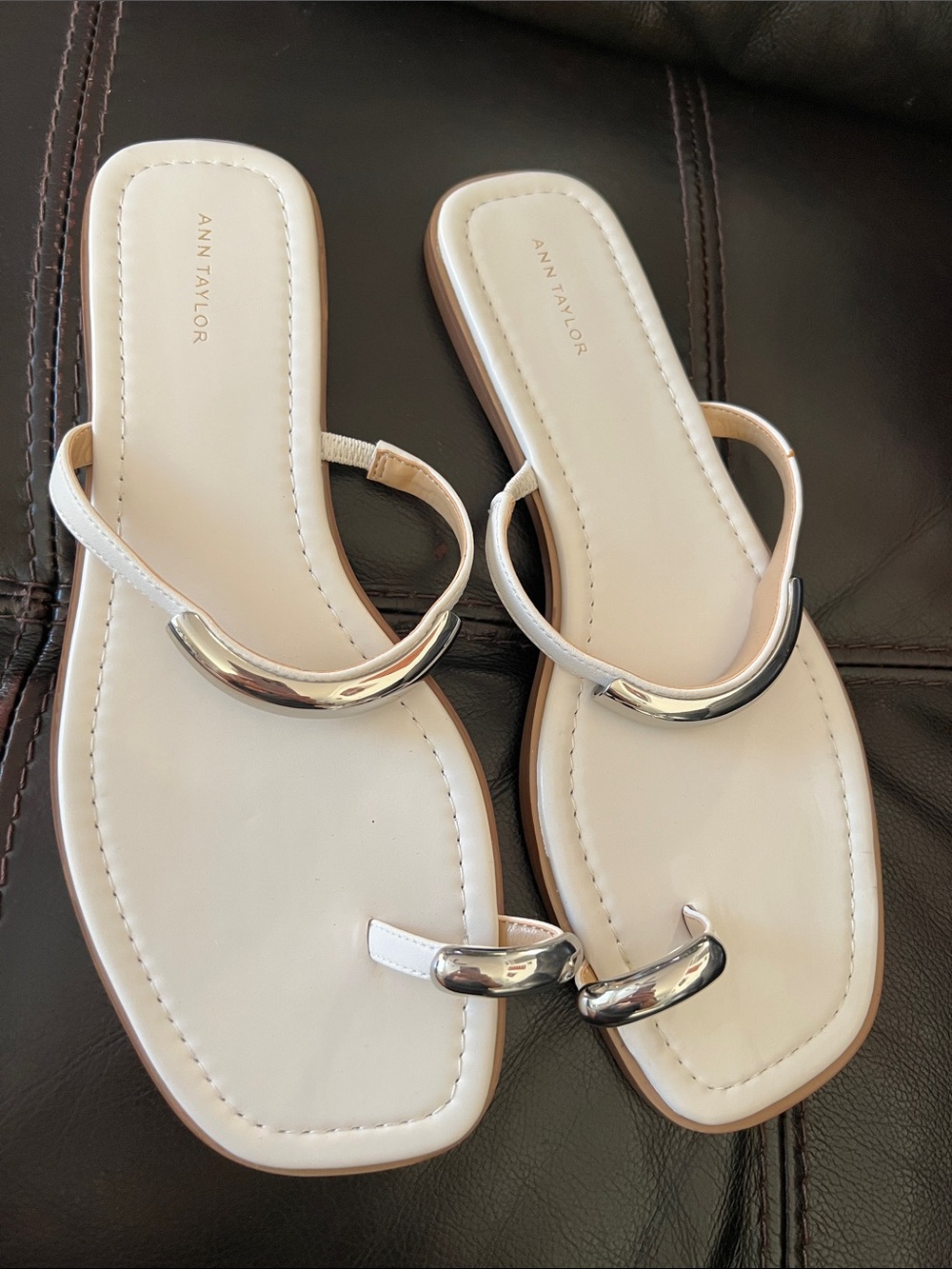 Ann Taylor White Leather Sandal with Silver Accents